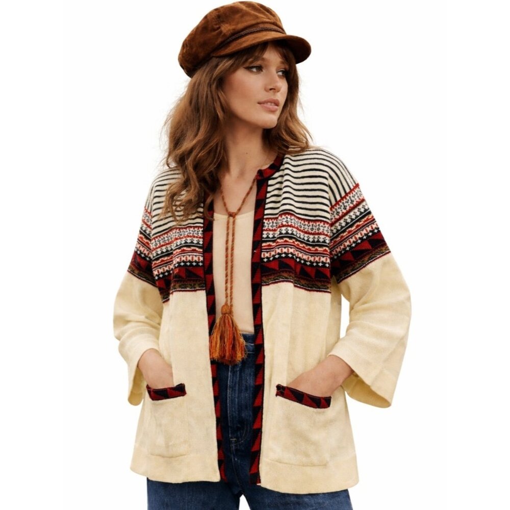 NEW HELEN SUE Vtg 70s Southwest Folk Aztec Cardigan Sweater Tassel Tie Large